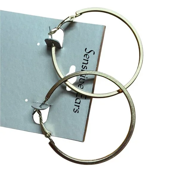 Brushed Gold Tone Hood Earrings-1.75 in Hoops-Sensitive Ears-Hypoallergenic-New - Picture 5 of 5